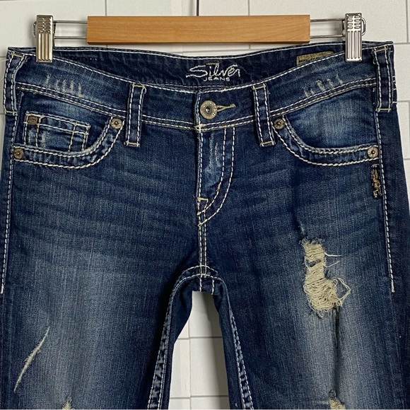 Silver Jeans Berkley Surplus Bootcut Women's Size W27 L31 Destroyed Dark Denim - Picture 2 of 11